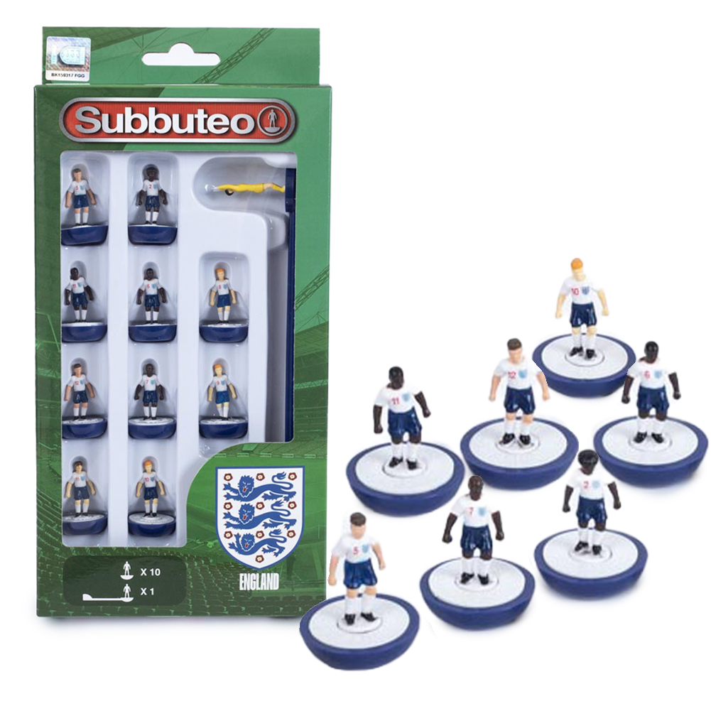 England FA Subbuteo team of ten outfield players and a goalkeeper in a display box