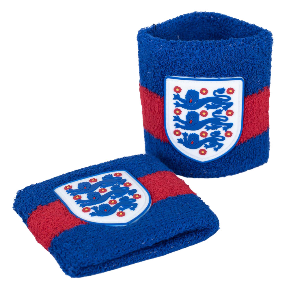 Pair of blue England FA cotton wristbands with red bands and the England crest