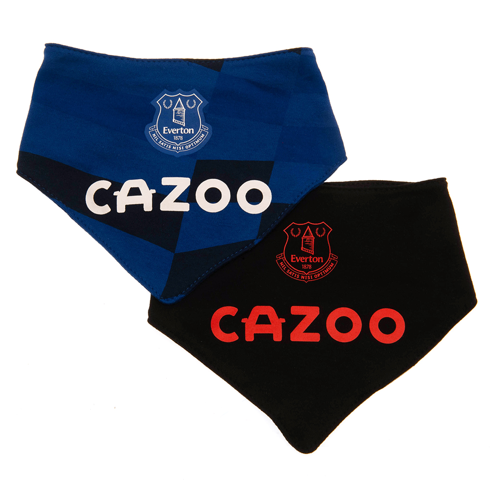 Pack of two Everton FC contrast colour baby dribbler bibs with a printed crest, on a header card