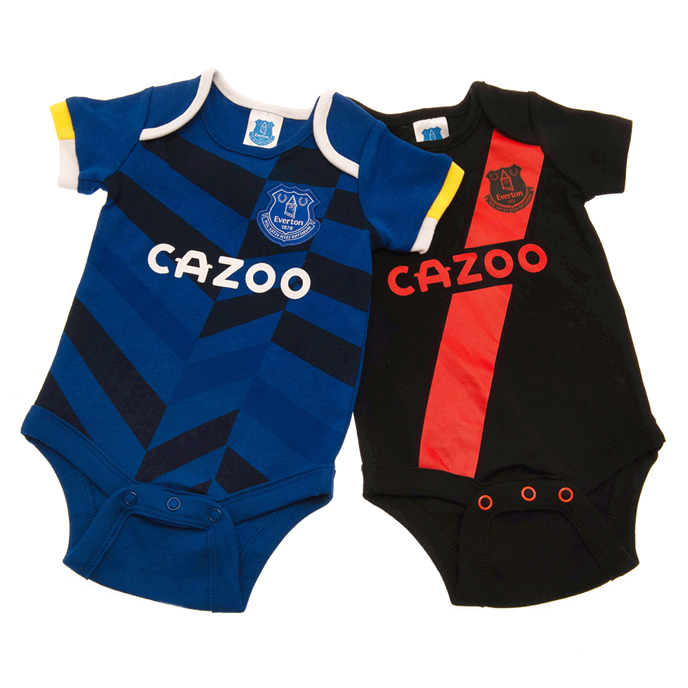Everton FC twin pack of short sleeved baby bodysuits in two designs with a woven crest