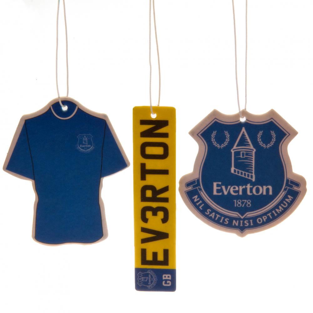 Everton FC three pack of air fresheners with crest, home kit and number plate designs
