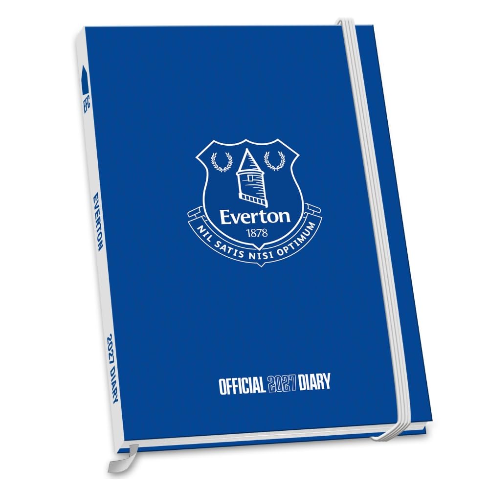Everton FC blue hardback A5 2027 diary with a white Everton crest and an elastic closure