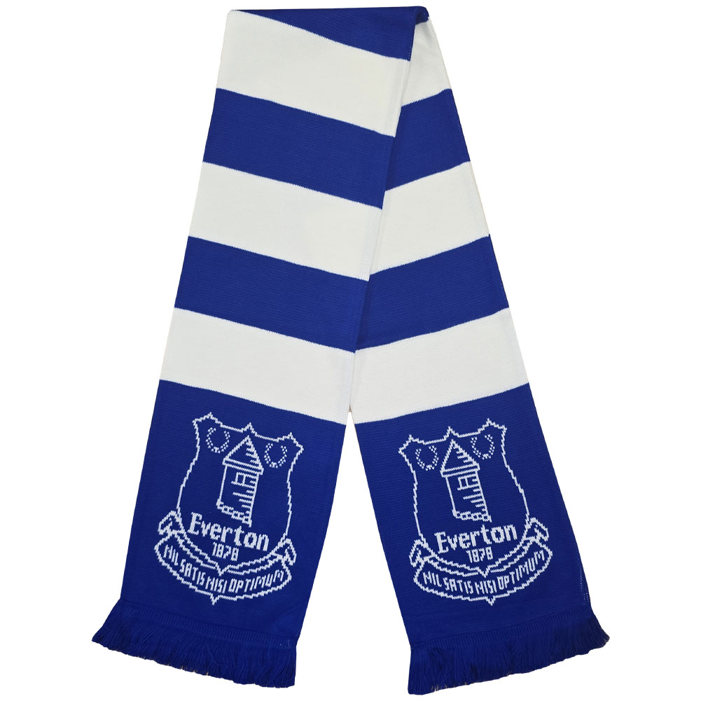 Everton FC royal blue and white bar stripe jacquard knit scarf with blue fringe and large crest