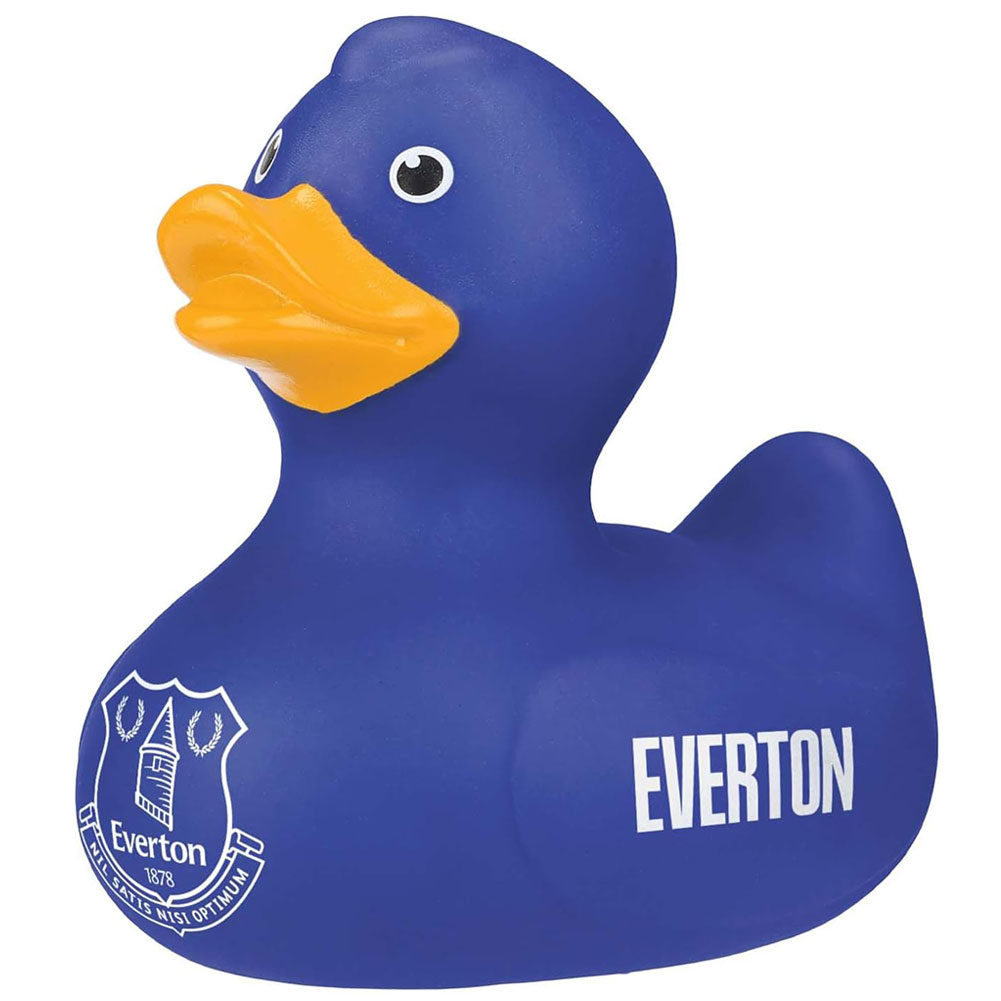 Blue Everton FC bath time rubber duck with a yellow beak, white Everton text and a full colour crest