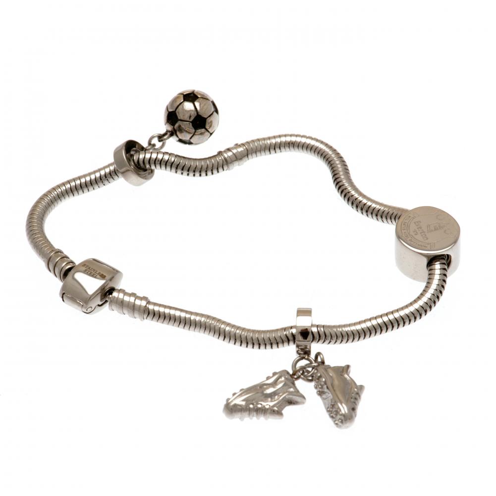 Everton FC steel charm bracelet with a laser cut Everton bead and two football charms