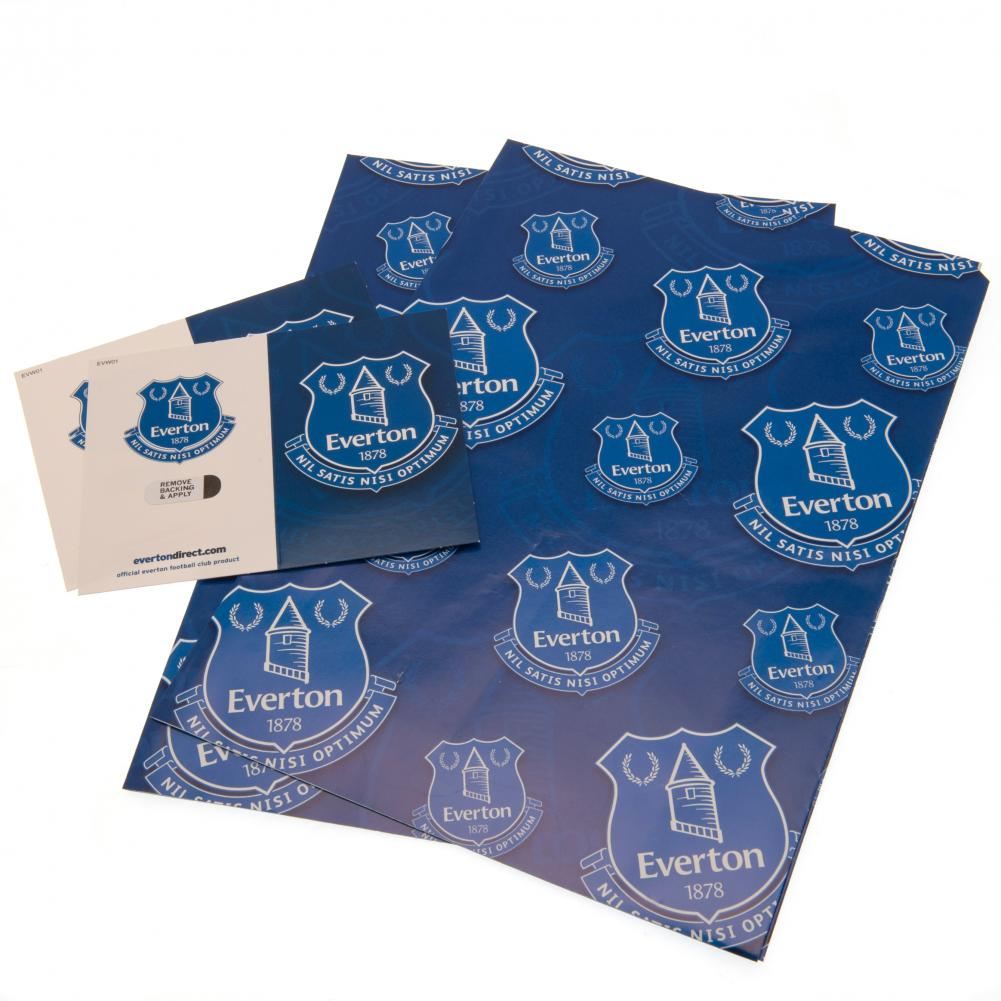 Everton FC gift wrap with multiple Everton crests on a blue background and two red crest gift tags