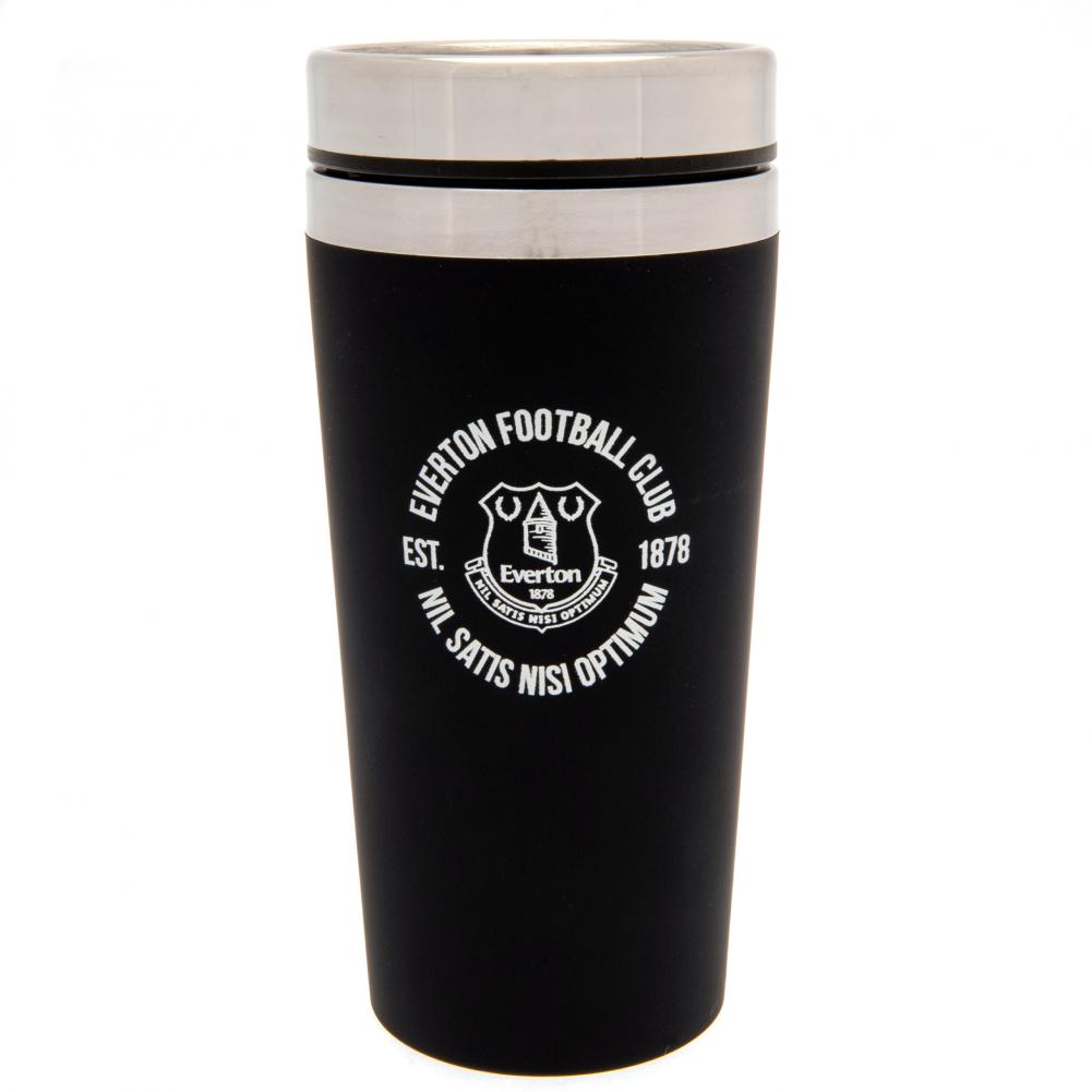Matt black Everton FC stainless steel travel mug with a silver rim screw top lid