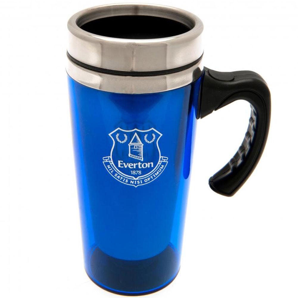 Royal blue translucent Everton FC stainless steel travel mug with a printed Everton crest and handle
