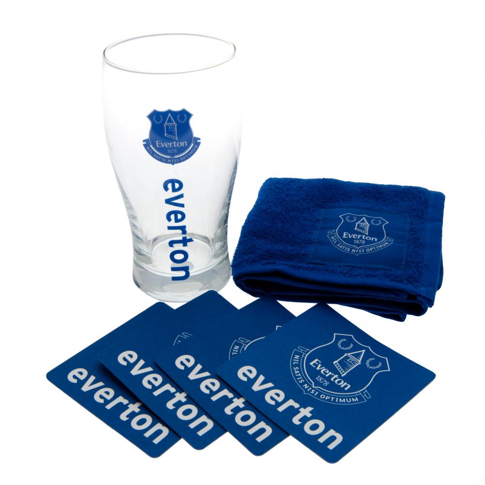Everton FC mini bar set with a royal blue text tulip pint glass, blue bar towel and four beer mats