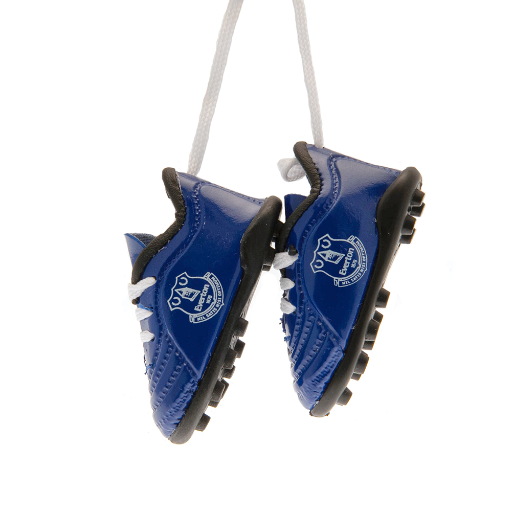 Pair of blue Everton mini football boots with laces and a printed Everton crest on each side
