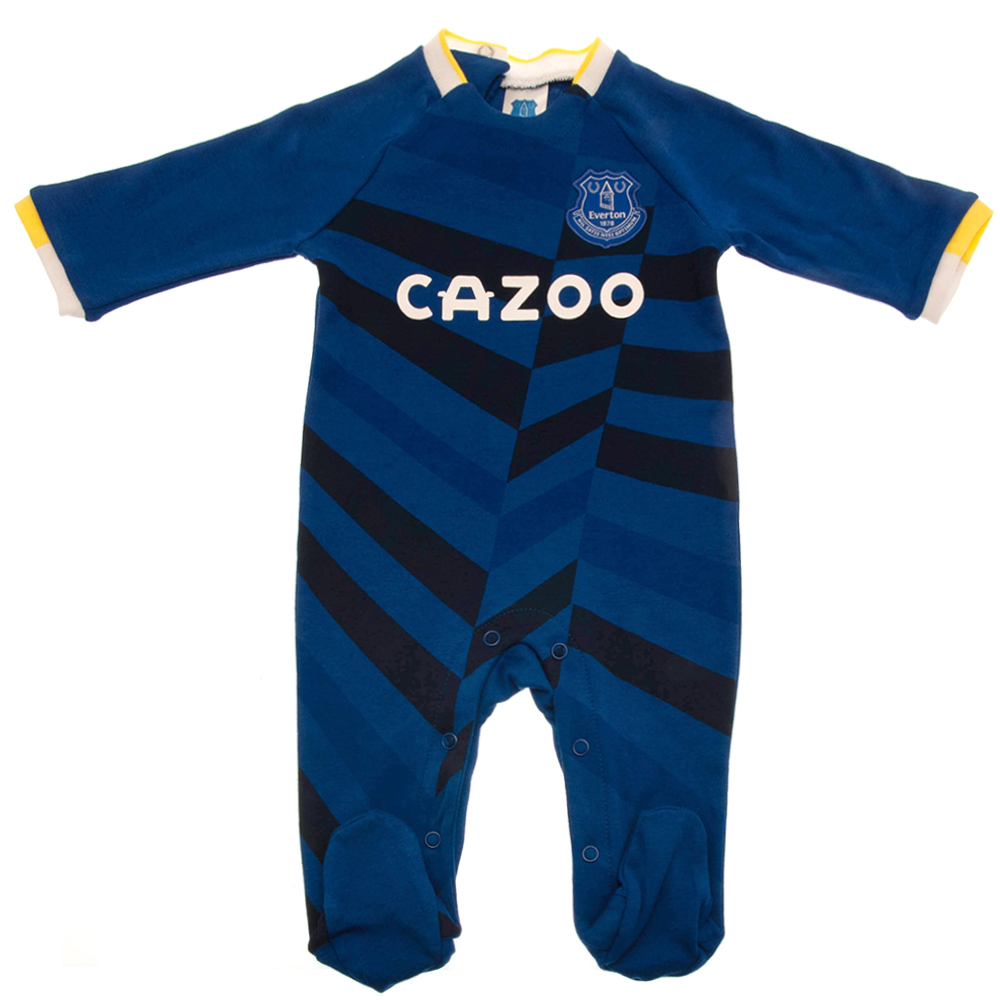 Everton FC blue long sleeved baby sleepsuit with a woven crest and printed sponsor