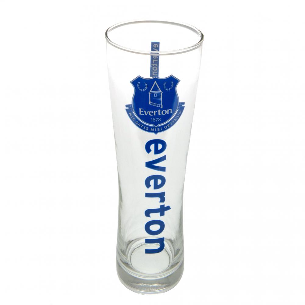 Everton FC tall slim pilsner style pint glass with royal blue Everton text and club crest