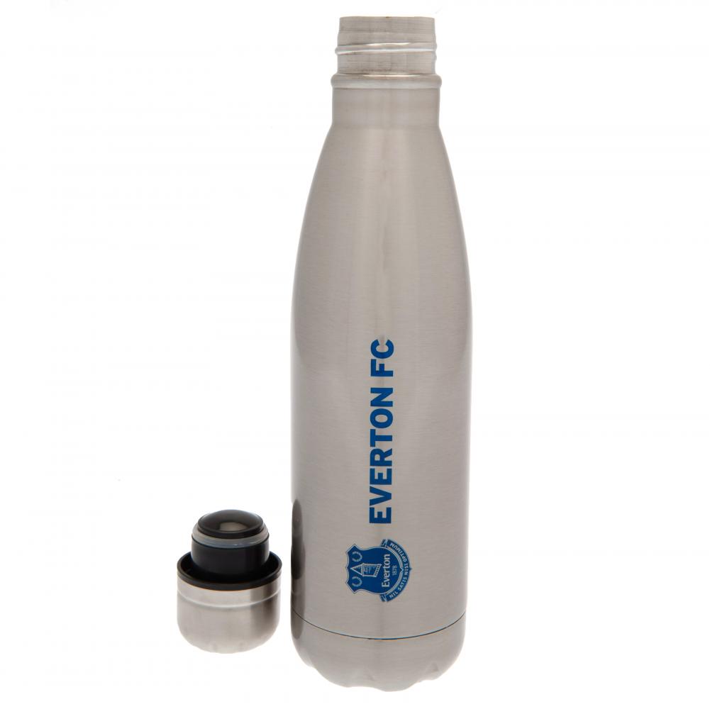 Silver metallic Everton FC stainless steel thermal flask with a royal blue crest and Everton text