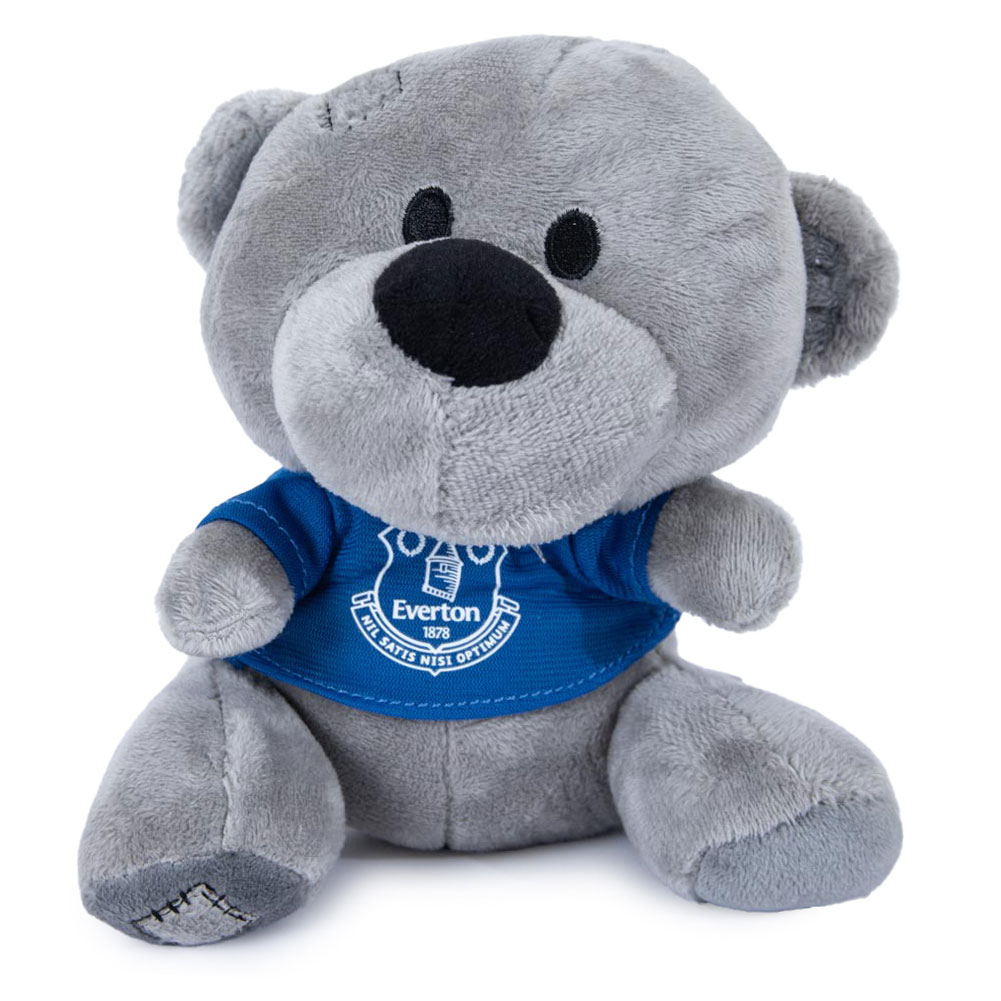 Grey Everton FC Timmy Bear plush in a blue t-shirt with a white Everton crest