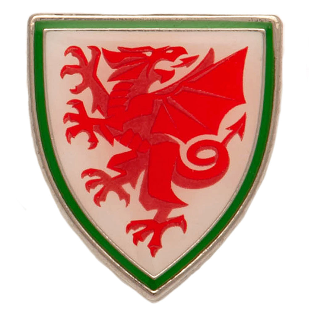 FA Wales crest shaped metal pin badge with full colour enamel infill and silver style finish