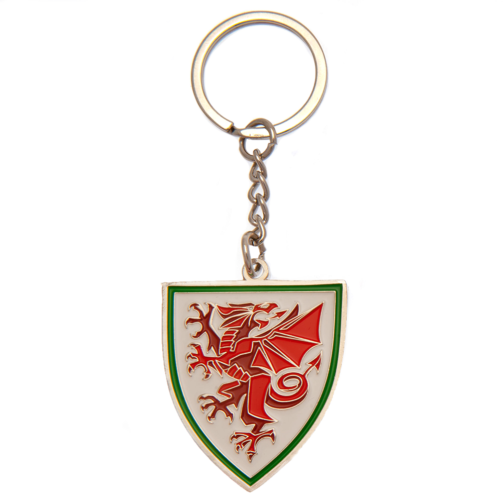 FA Wales crest shaped metal keyring with full colour enamel infill and a silver style finish