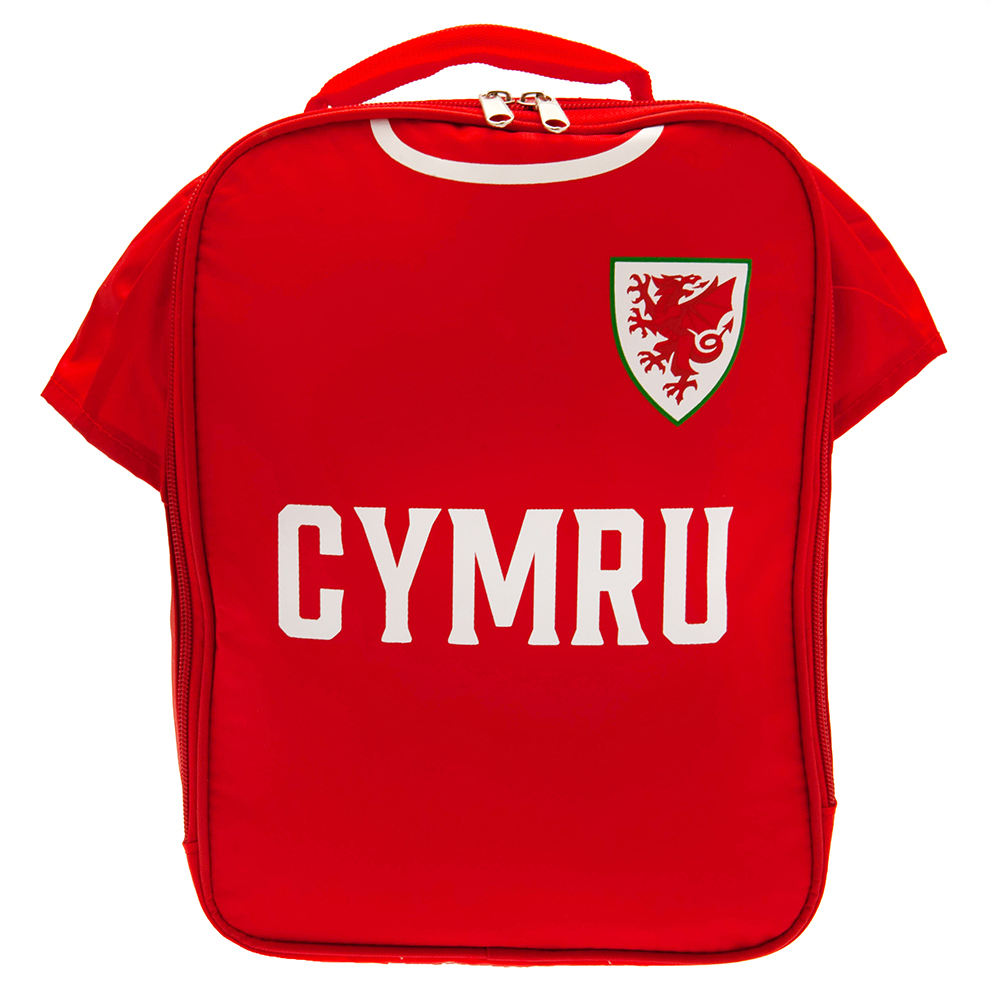 FA Wales home shirt design lunch bag with the Wales crest, CYMRU text, name tag and carry handle
