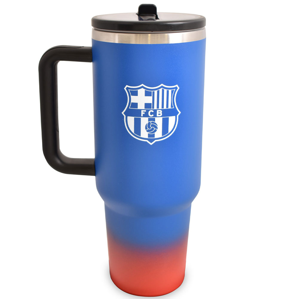 Blue FC Barcelona 40oz thermal tumbler with soft grip handle and closable drinking spout