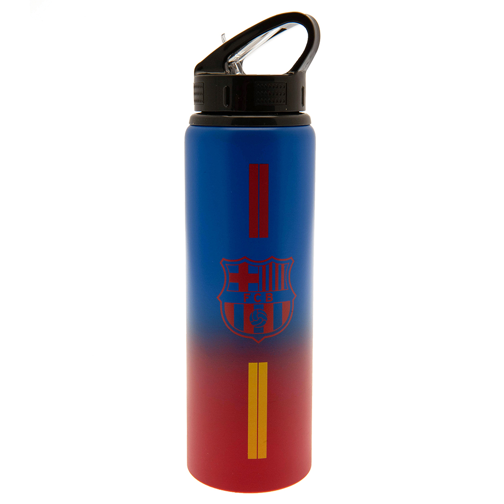FC Barcelona 750ml stainless steel drinks bottle with a vibrant stripe design and a canteen quench cap