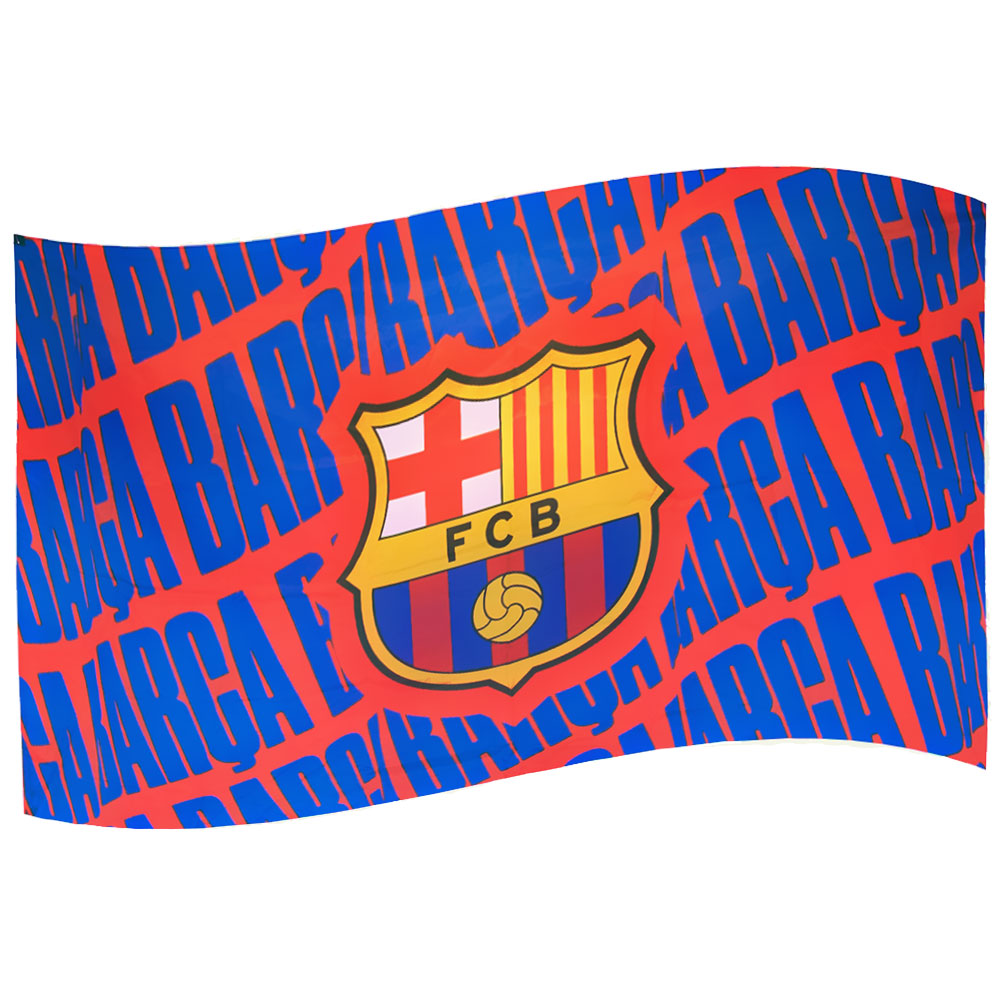 FC Barcelona claret supporters flag with repeat Barca text and a full colour Barca crest
