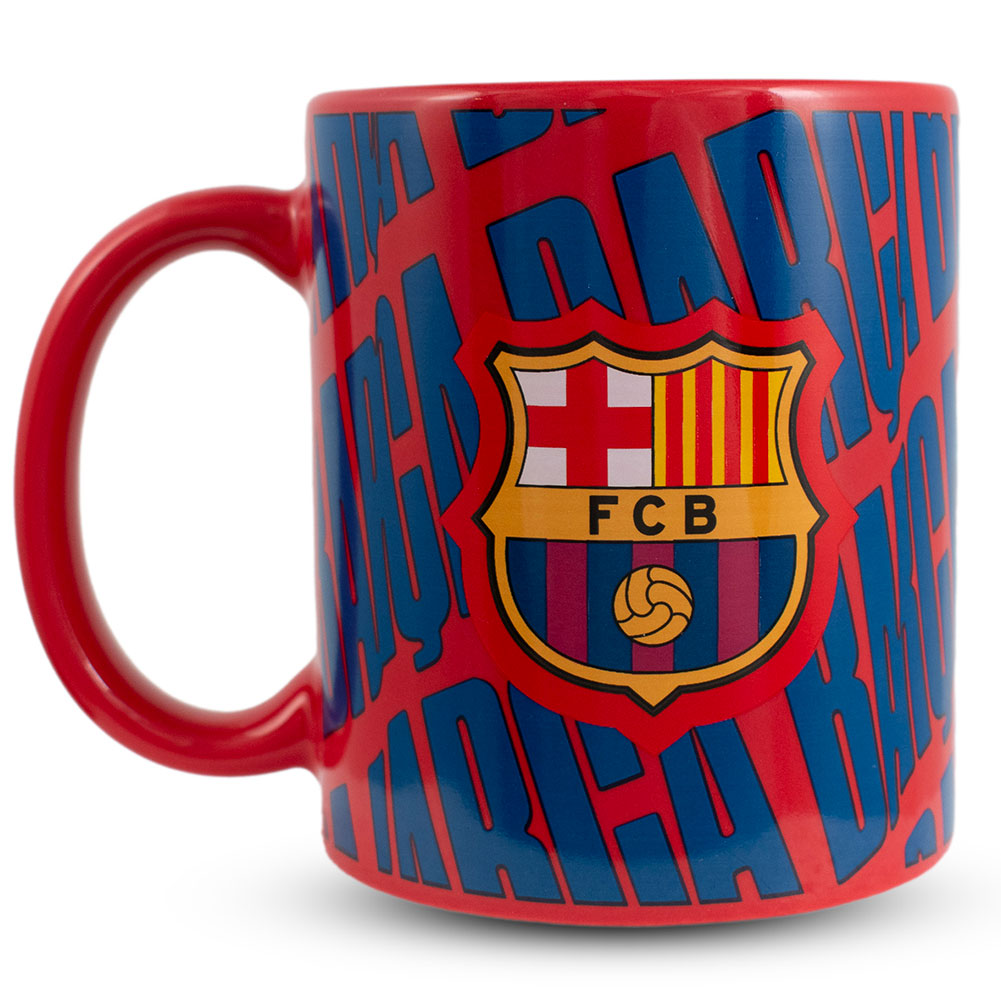 FC Barcelona red ceramic mug with a repeat Barca pattern, full colour club crest and a red handle