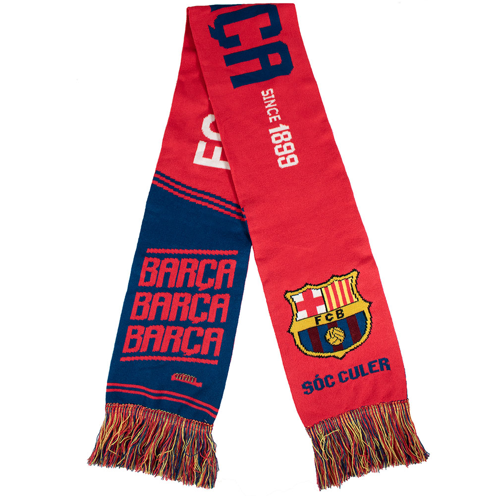 FC Barcelona bright woven Barca scarf with matching fringe, FC Barcelona text and a club crest at each end