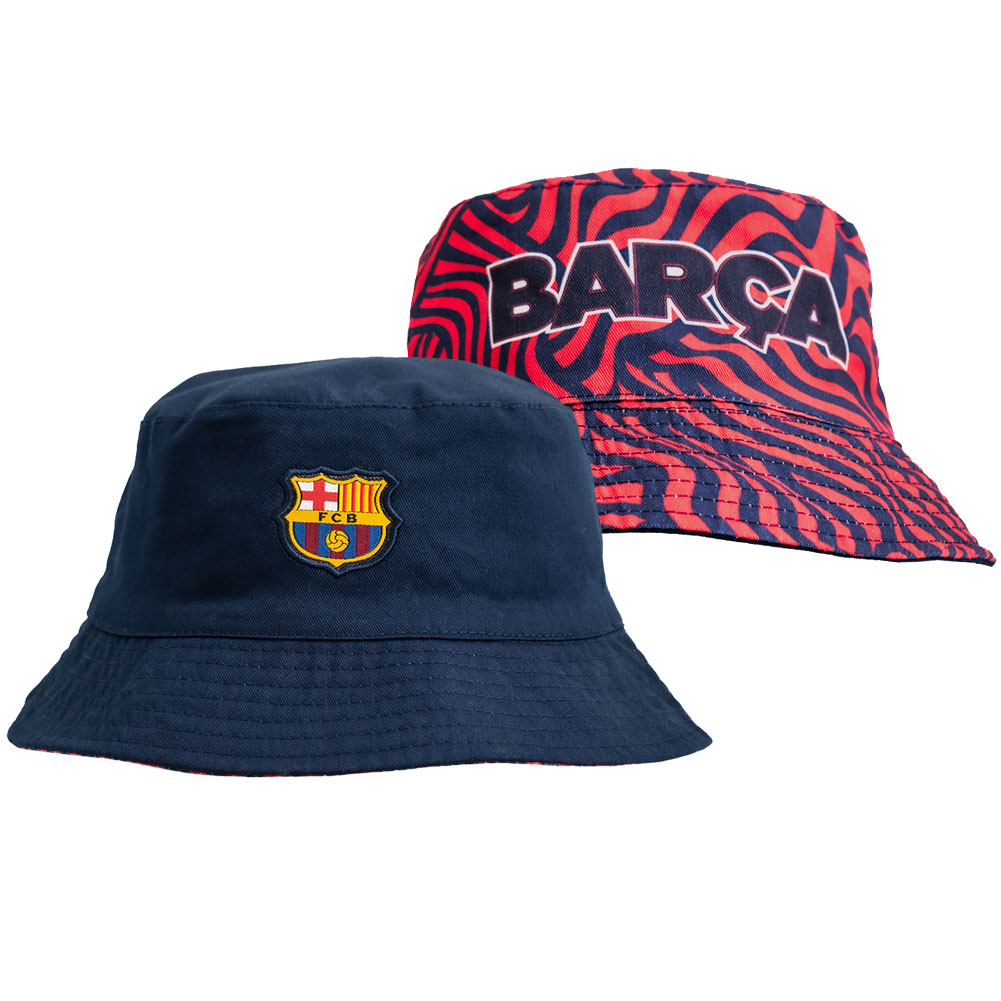 FC Barcelona navy reversible bucket hat with a red and navy pattern and a woven FCB crest