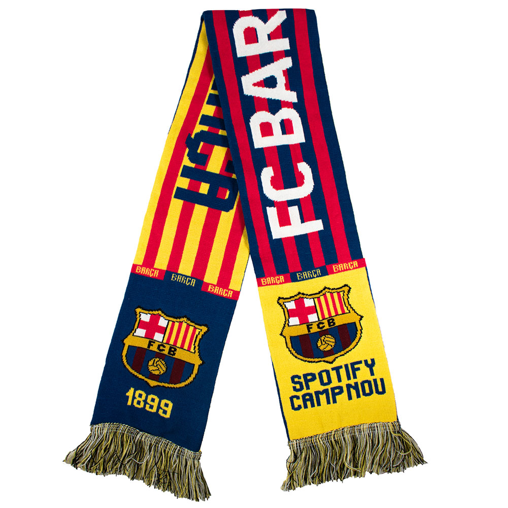 FC Barcelona red and navy woven Camp Nou scarf with Barca text, club crest at each end and multi colour fringe