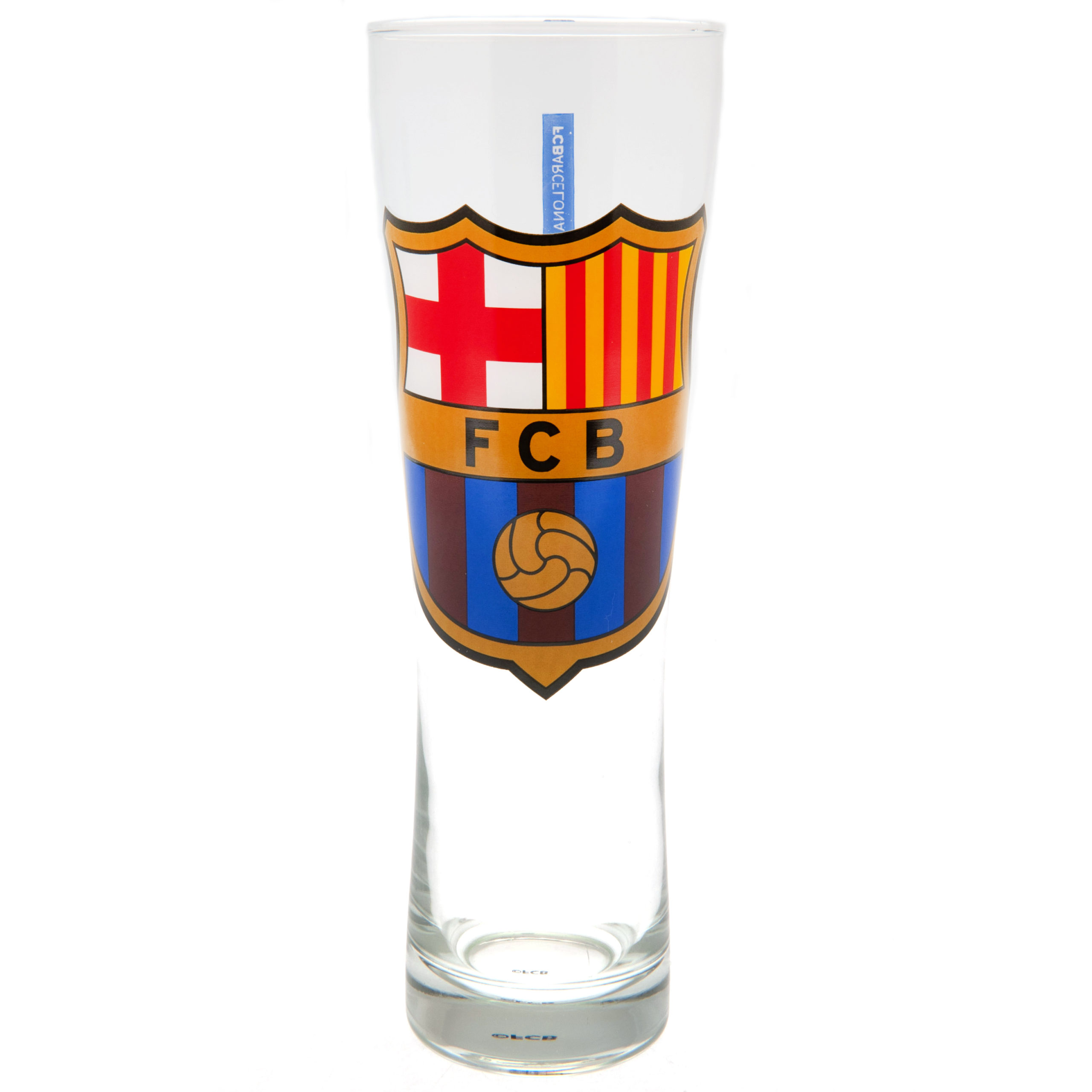 FC Barcelona tall slim pilsner style pint glass with a large full colour FCB club crest