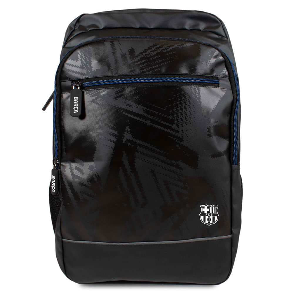 Black FC Barcelona commuter backpack with a white crest on the front