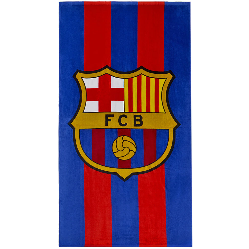 FC Barcelona microfiber beach towel with a stripe design and a central FCB club crest