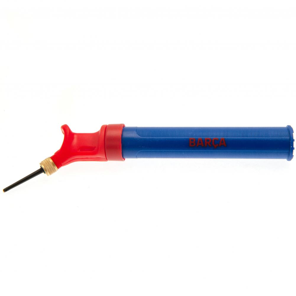 FC Barcelona mini dual action football hand pump with needle on a header card