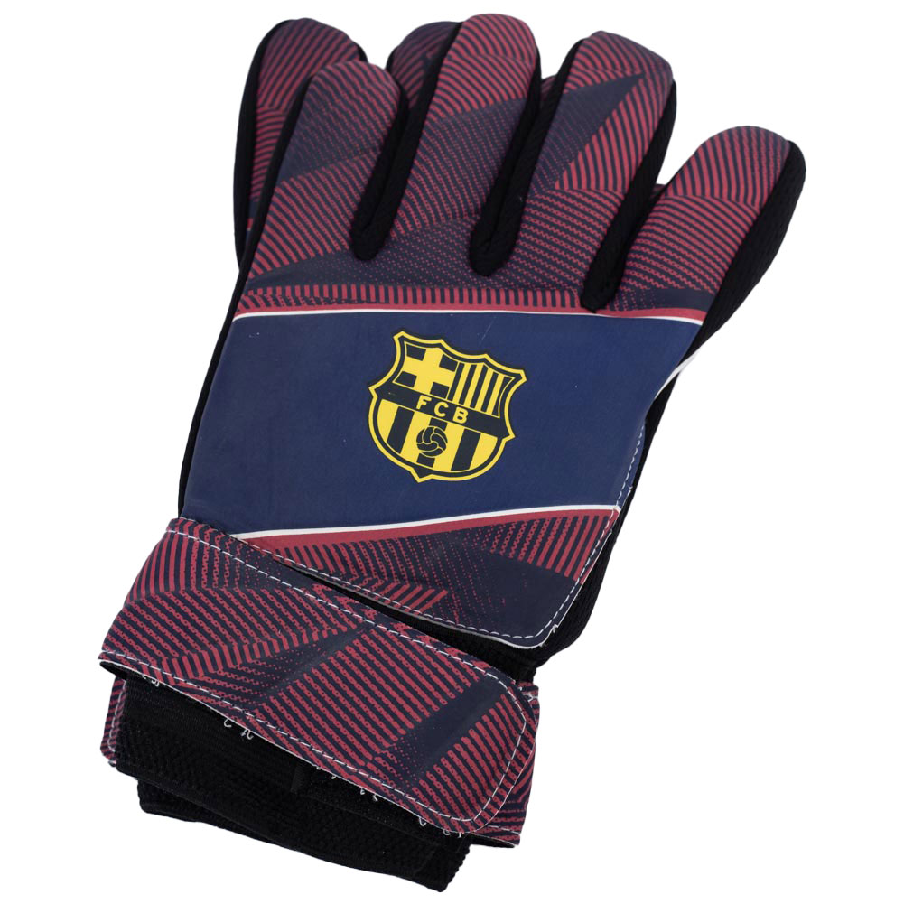 FC Barcelona Fuse youth goalkeeper gloves featuring a yellow Barca crest
