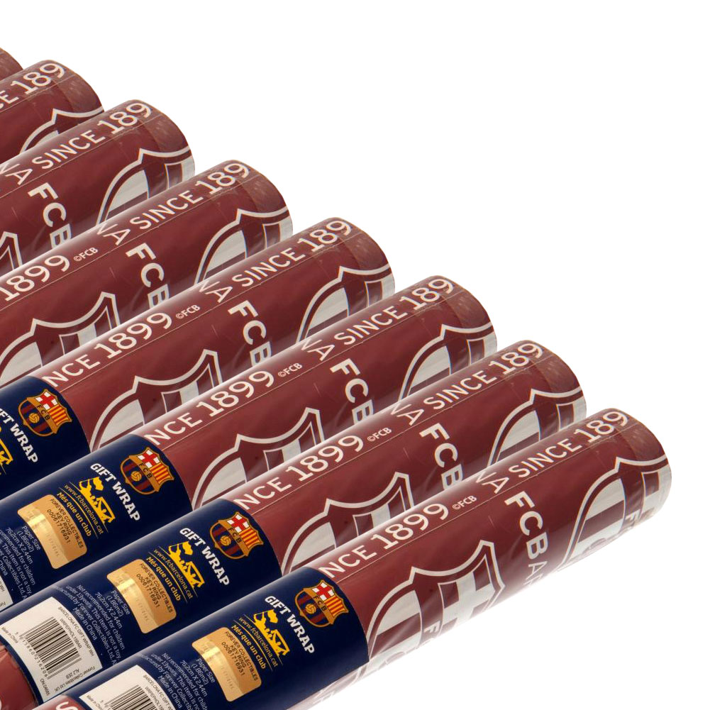 FC Barcelona claret gift wrap roll with multiple white FCB crests on a gift wrap tube