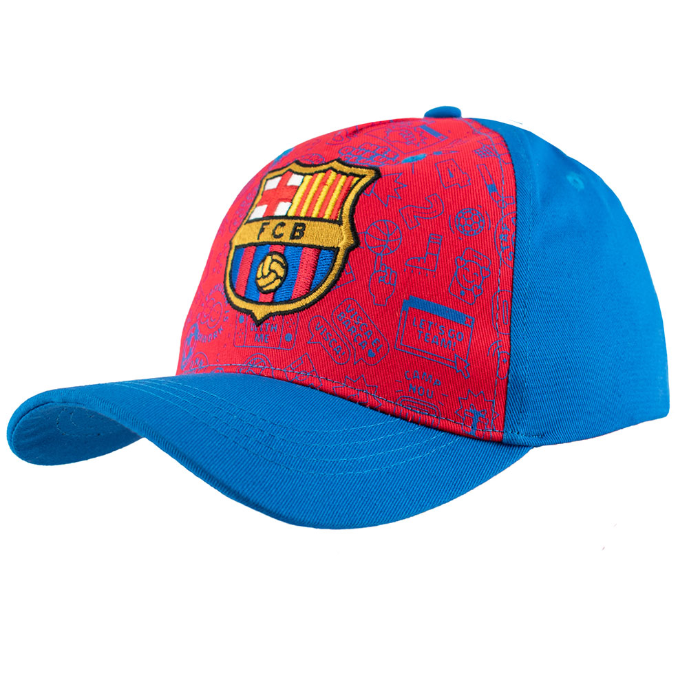FC Barcelona junior curved brim cap in red and blue with a Barca crest on a graphic patterned panel