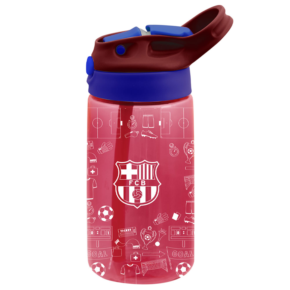 Claret FC Barcelona kids water bottle with a white Barca crest and fun icon design