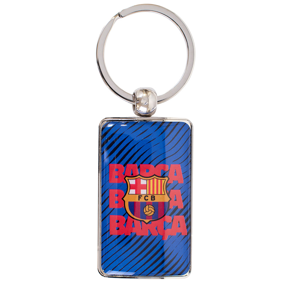 FC Barcelona rectangular silver style metal keyring with the FCB logo and Barca text repeated behind