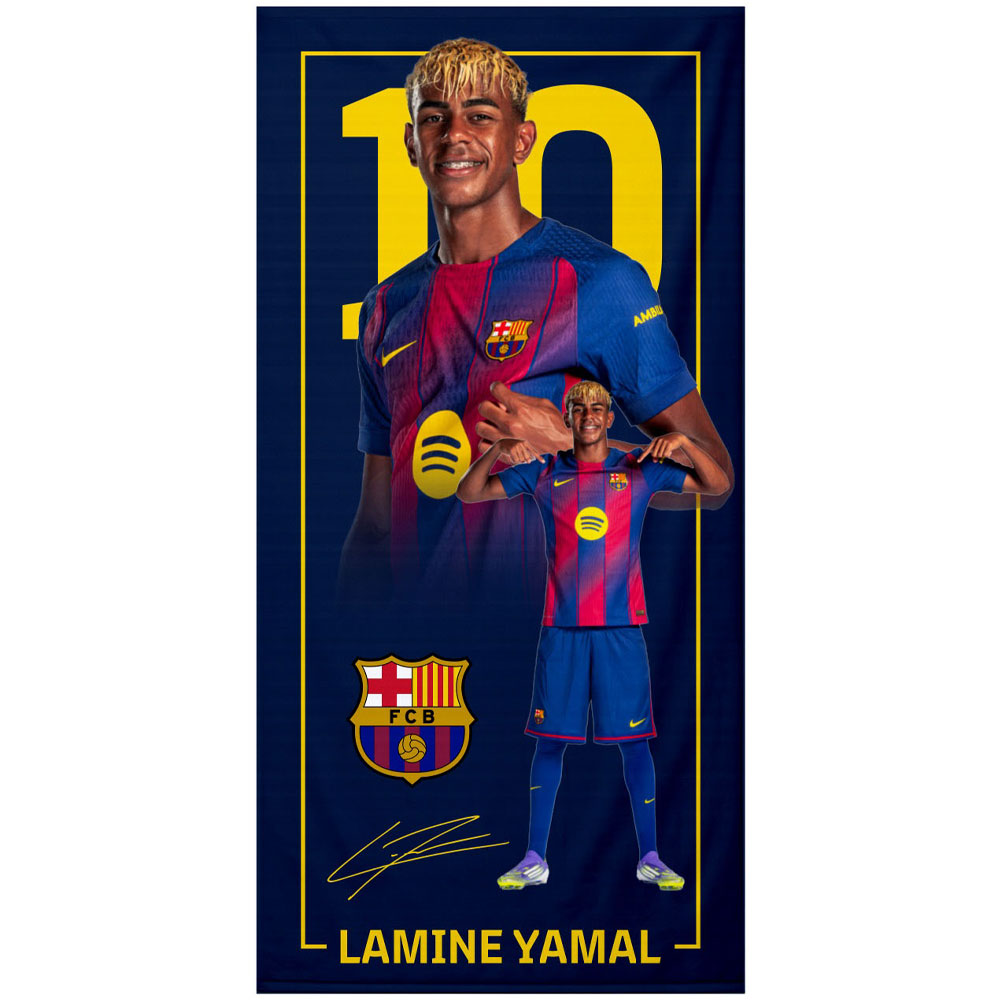 FC Barcelona microfiber beach towel featuring Lamine Yamal on a diagonal split background in FCB colours