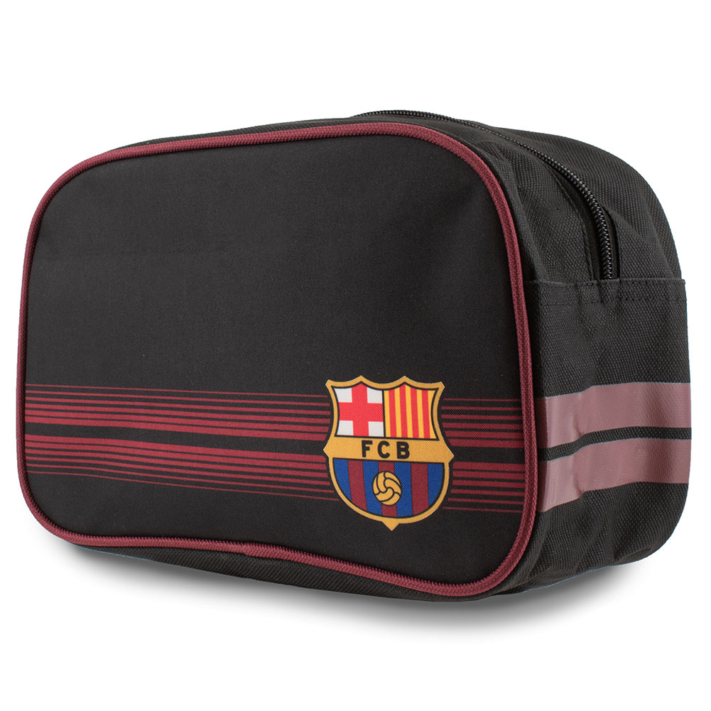 Striped FC Barcelona toiletry wash bag with a club crest and rubber zip pulls with raised Barca detail