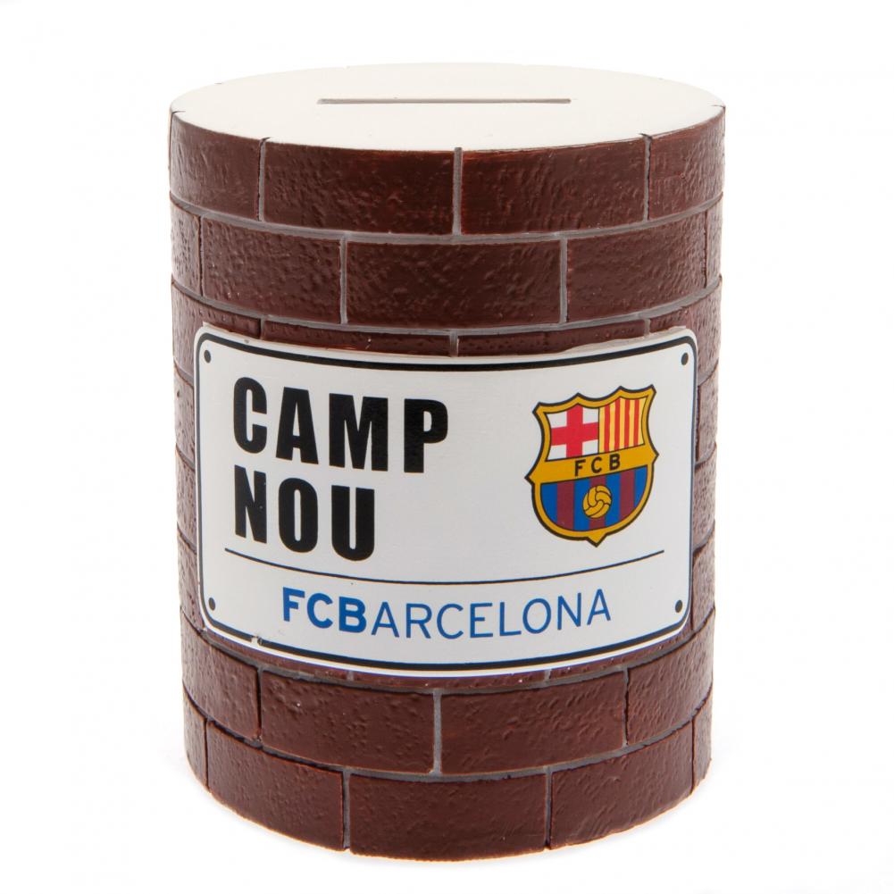 FC Barcelona resin money box with a 3D brick wall and street sign design and a full colour FCB crest