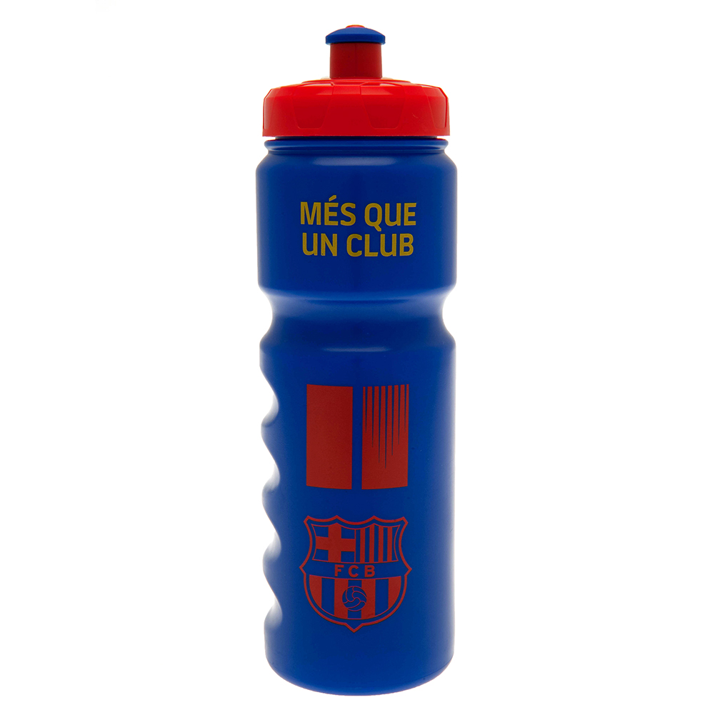 Blue stripe FC Barcelona plastic drinks bottle with a red FCB crest and Més que un club text in yellow
