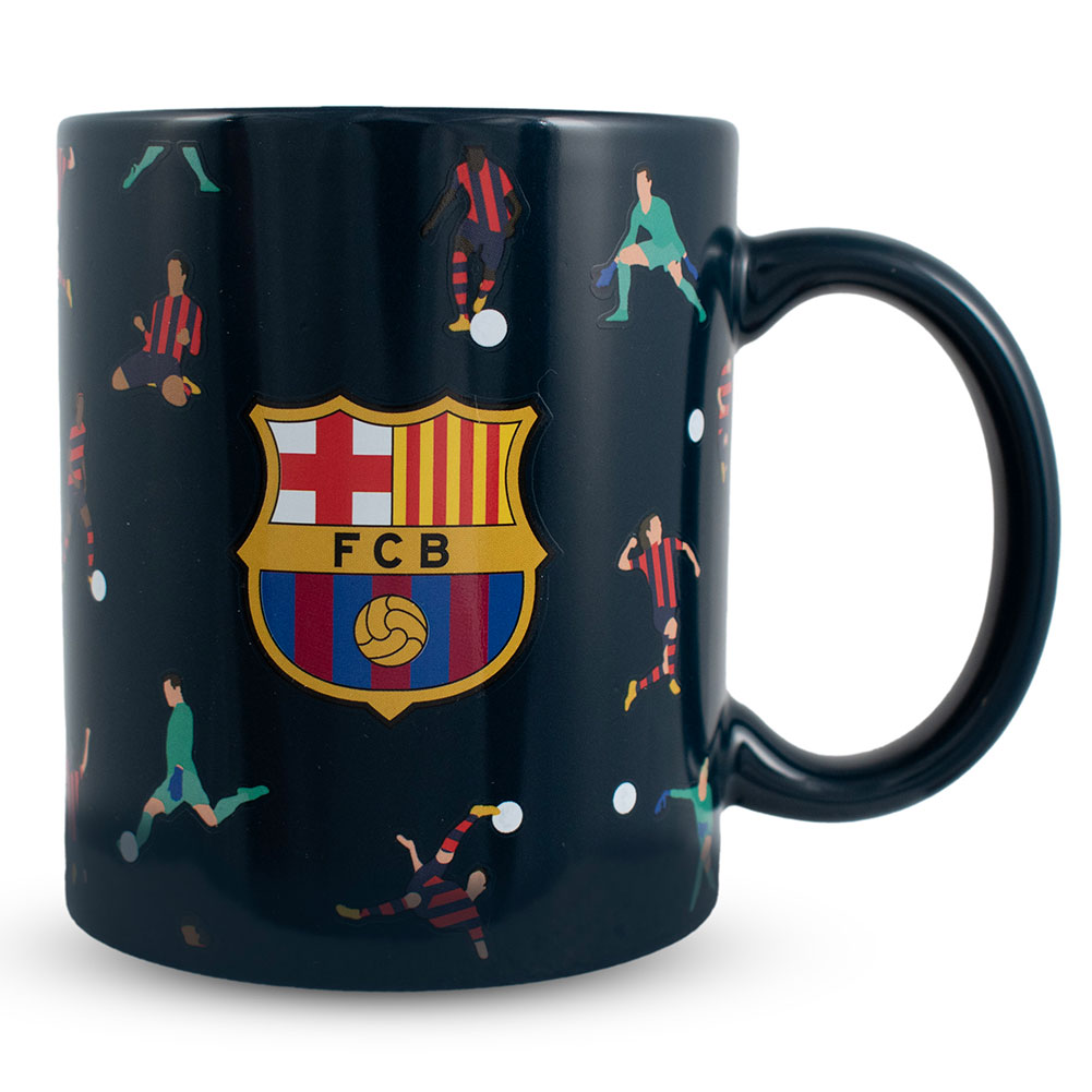 Navy FC Barcelona ceramic mug with a repeat player pattern, a full colour club crest and a navy handle