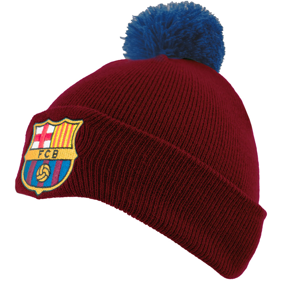 FC Barcelona red cuff knit bobble hat with a navy bobble and embroidered FCB crest