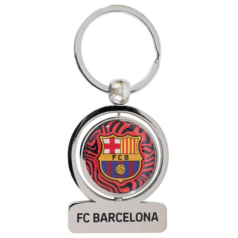 FC Barcelona silver style metal spinner keyring with a spinning FCB logo and Barca on the reverse