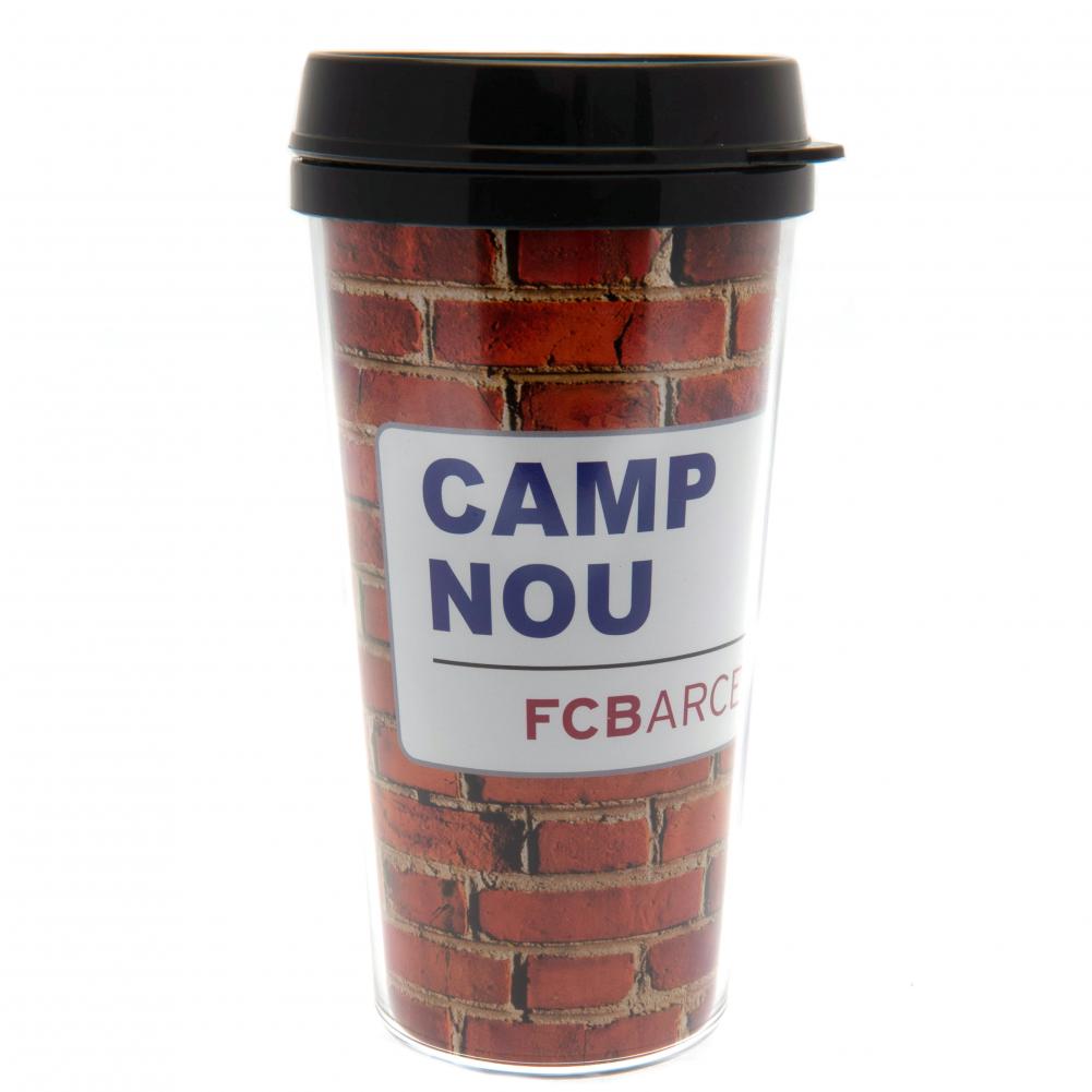 FC Barcelona plastic travel mug with a brick wall design, Camp Nou street sign and Barcelona crest