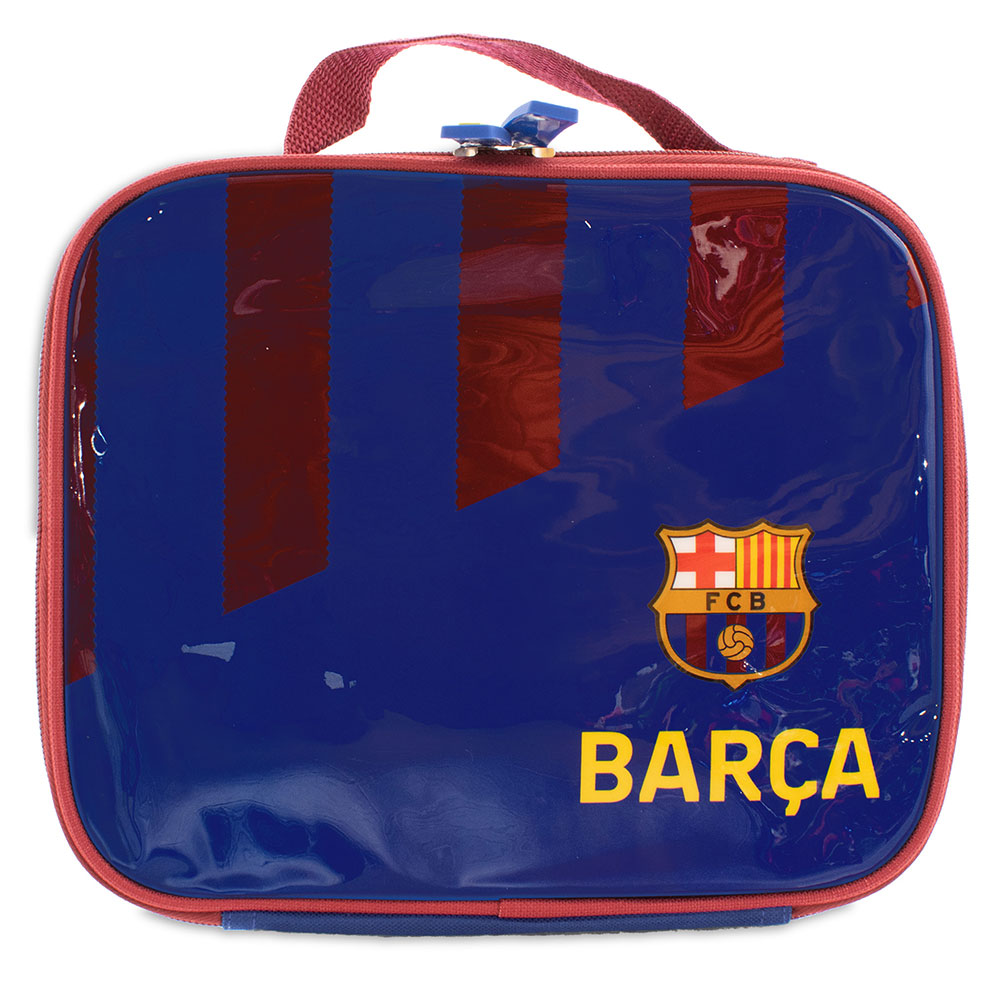 FC Barcelona stripe design lunch bag with Barca text, a full colour club crest and raised FCB zip pulls