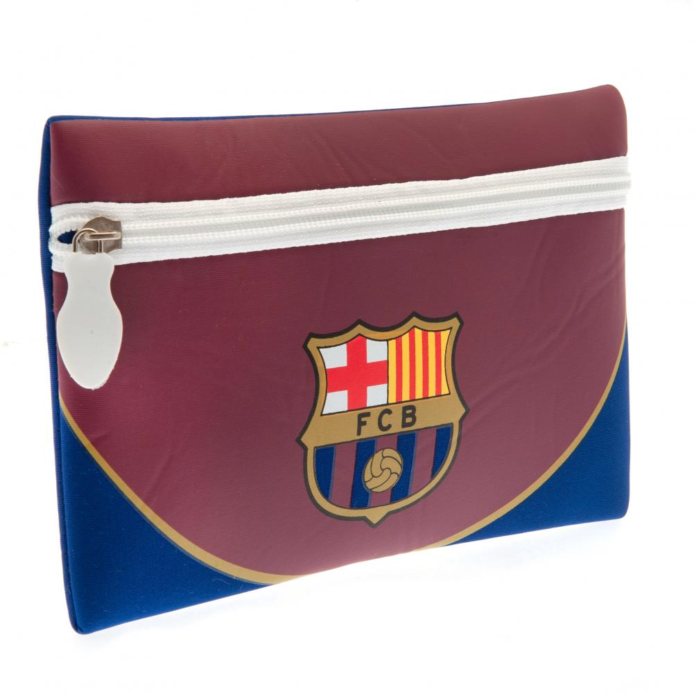 FC Barcelona neoprene zipped pencil case with a full colour Barca crest on a blue and claret swoop design