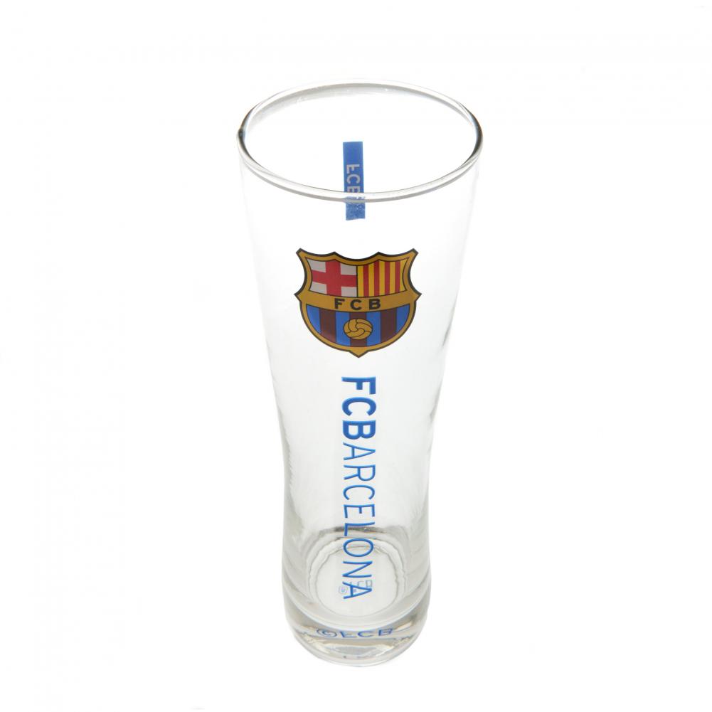 FC Barcelona tall slim pilsner style pint glass with blue FC Barcelona text and a full colour club crest