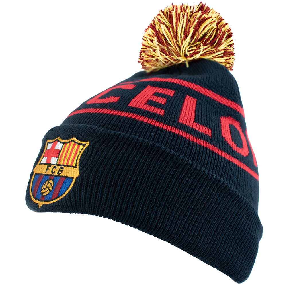 FC Barcelona navy cuff knit bobble hat with a multi coloured bobble and embroidered FCB crest