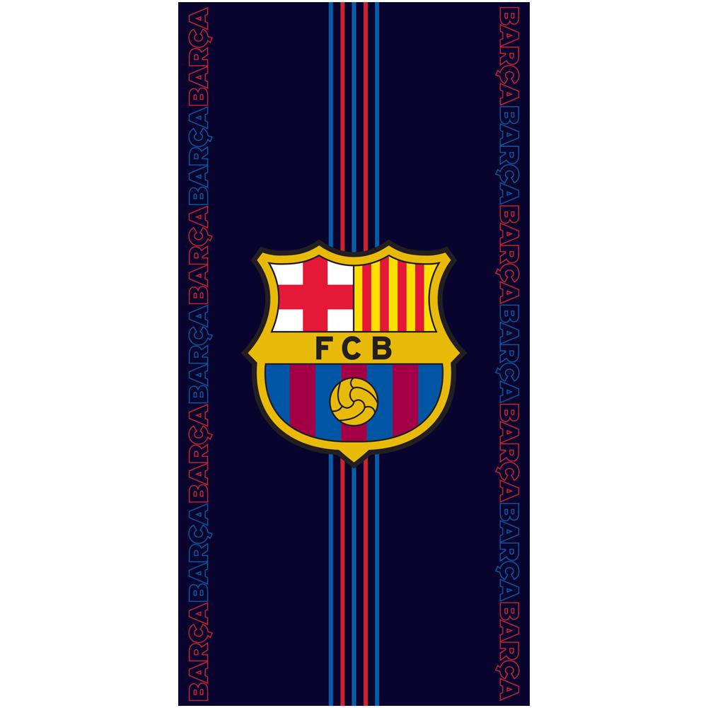 FC Barcelona cotton velour beach towel with red and blue central stripes, Barca text and a large FCB crest